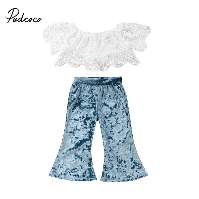 

Toddler Kids Baby Girls Lace Off Shoulder Blouse Crop Tops Velvet Wide Leg Pants Outfits Leggings 2Pcs Fashion Summer Clothes