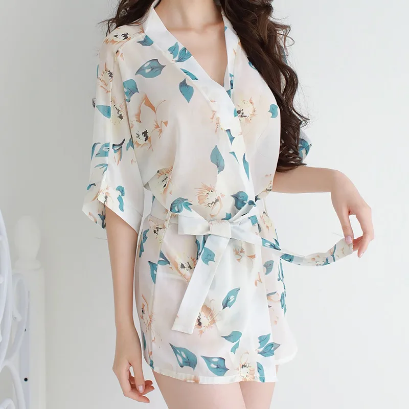

Women's Printed Chiffon Bathrobes Sexy Kimono Cardigan Nightwear Robe With G-String Dropshipping