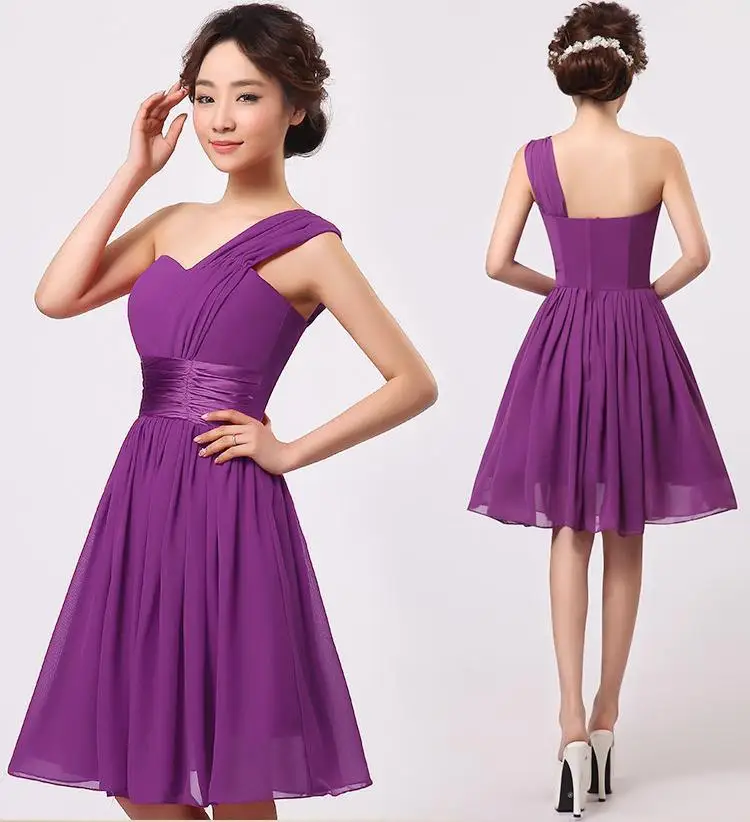 

2016 new womens bridesmaid wedding one shoulder Bridesmaid sleeveless pleated formal party Short chiffon red yellow purple dress