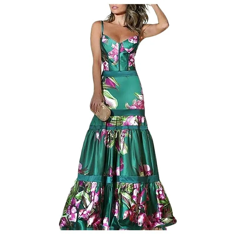 Женское летнее винтажное длинное платье размера плюс с цветочным принтом, элегантные вечерние платья макси, повседневные платья с принтом и оборками, облегающее платье - Цвет: Зеленый