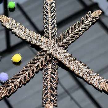 

Long leaves leaf handmade applique cystal rhinestones bead embroidered trim tassel lace fringe DIY sew belt patch bridal