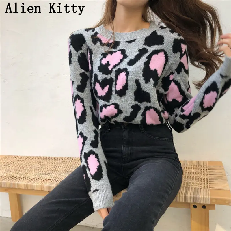 Женский свитер с круглым вырезом Alien Kitty вязаный Однотонный леопардовым принтом