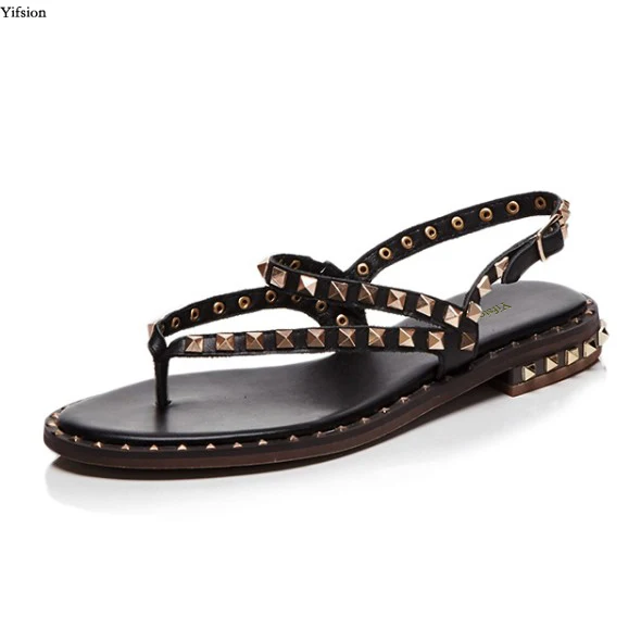 

Olomm New Women Gladiator Sandals Flat With Sandals Sexy Rivets Open Toe Black Brown Beach Shoes Ladies US Plus Size 3-10.5