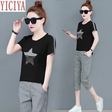 Five Stars Plaid 2020 Summer Two Piece Outfits Tracksuits for Women Plus Size Big Pants Suits and Top Co-ord Set Black Clothing