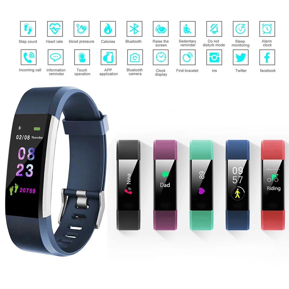 Bluetooth Smart Bracelet Smart Wristband Band Heart Rate Blood Pressure Monitor Touch Screen Step Time Watch Fitness Tracker