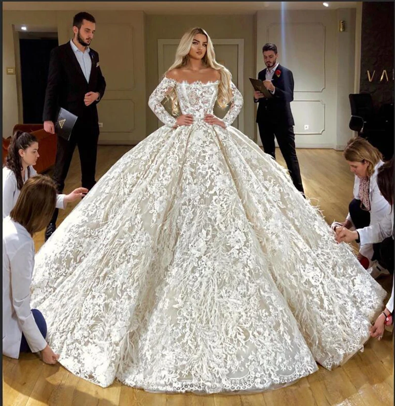 Кружевное свадебное платье с длинным рукавом Пышное Бальное платье с бисером и перьями, вырез лодочкой, Арабский Дубай, стильное свадебное платье, свадебные платья