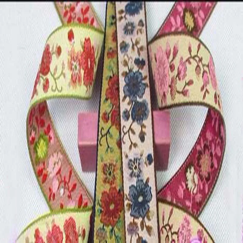 

ZY DIY Pretty Traditional 5 Colors Yellow Pink Blue Flowers Embroidery Jacquard Ribbon, Beautiful ribbon and DIY ribbons for sew