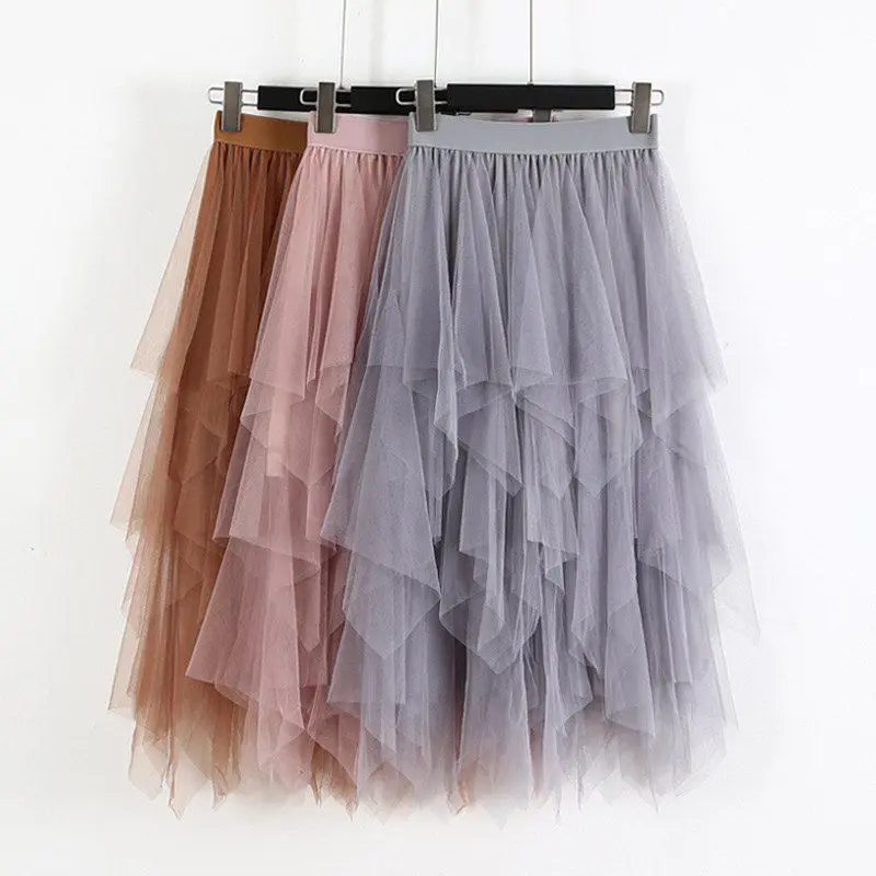 Мода, весенние вечерние юбки, эластичная длинная юбка из тюля с высокой талией, Женская юбка-пачка с неровным подолом