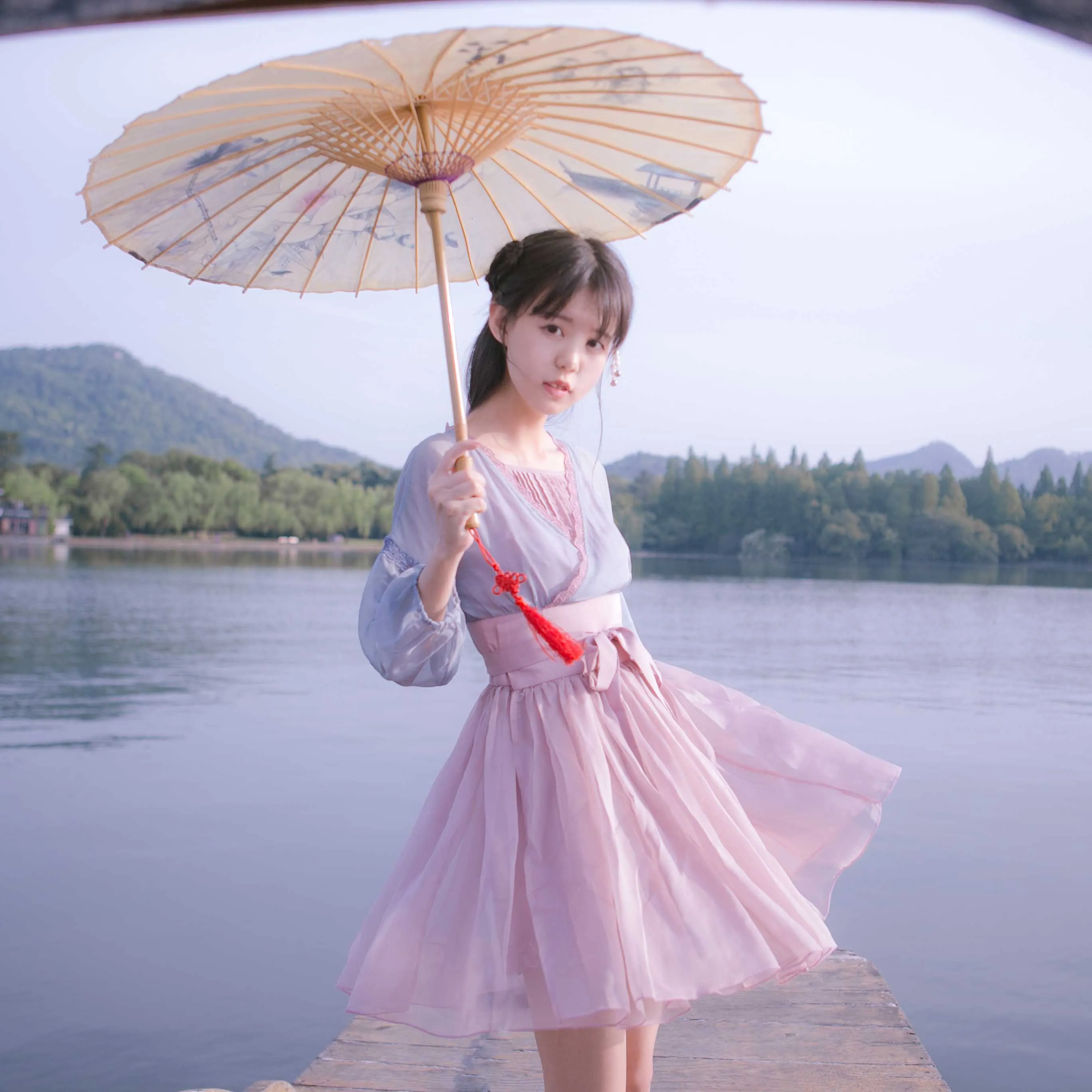 

"XiangLong'an" Women's Chinese Style Hanfu Cross Collar 2PCS Set Dress Waist Belt Chiffon Sexy Cute