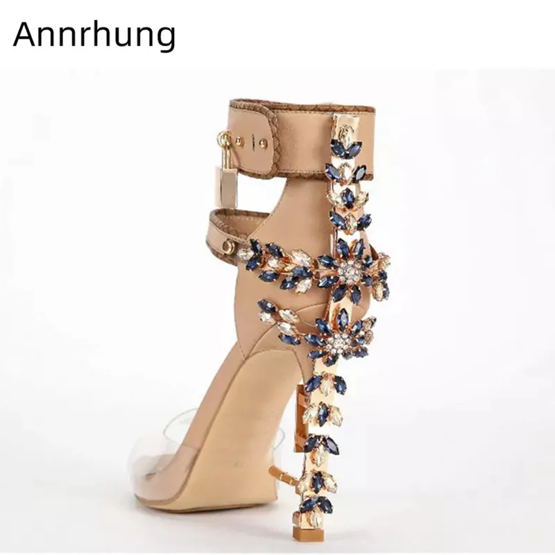 

Crystal Flower Gladiator Sandals Metal Decor High Heels Clear PVC Peep Toe Runway Sandalias Colourful Rhinestone Jewelled Shoes