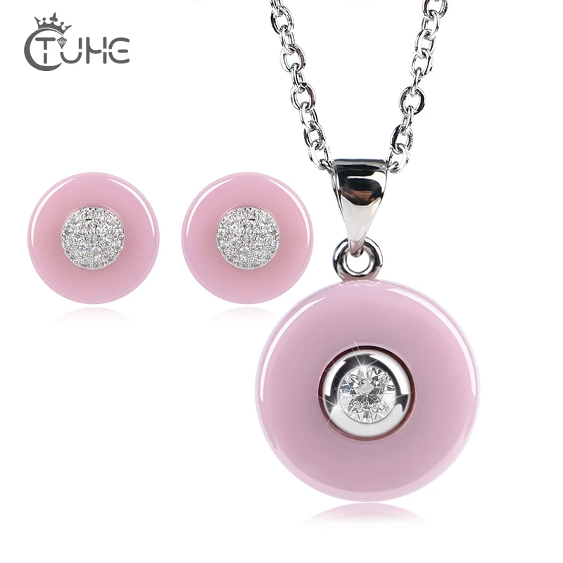 

Romantic Light Pink Women Earrings Necklace Jewelry Sets for Women Bling CZ Crystal Silver Color Healthy Ceramic Jewelry Sets