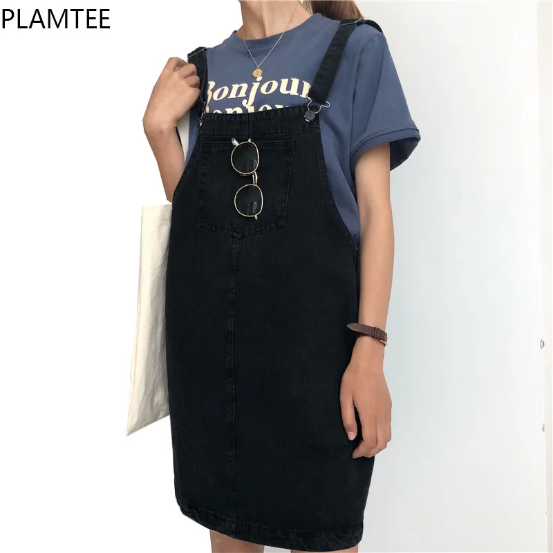 PLAMTEE Vintage Women Straps Denim Dress with Pocket Solid Loose Waist Lady Summer Jeans Dress Mini Jeans Vestidos Preppy Style