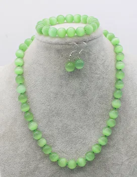 

one set cateye agate round green necklace bracelet earrings beads 10mm 18" nature FPPJ wholesale