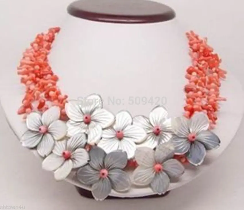 

FREE SHIPPING>>>@@ > W&O655 4row pink coral flower shell necklace