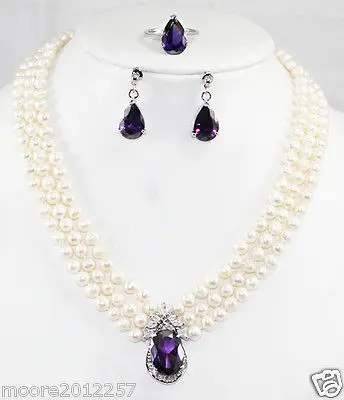 

Hot selling free shipping***** Beautiful white freshwater pearl necklace purple crystal earrings ring set
