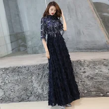 Вечернее платье трапециевидной формы с круглым вырезом, блестками и кисточками, черные вечерние платья для выпускного вечера, вечерние платья в пол, с рукавом до локтя, на молнии, с перьями, E098