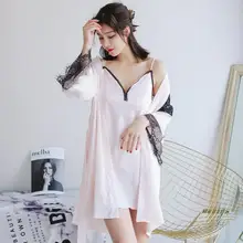 Кружева кимоно халат халаты района Домашняя одежда интимное белье Для женщин пижамы свободные ночная рубашка и халат набор M L XL