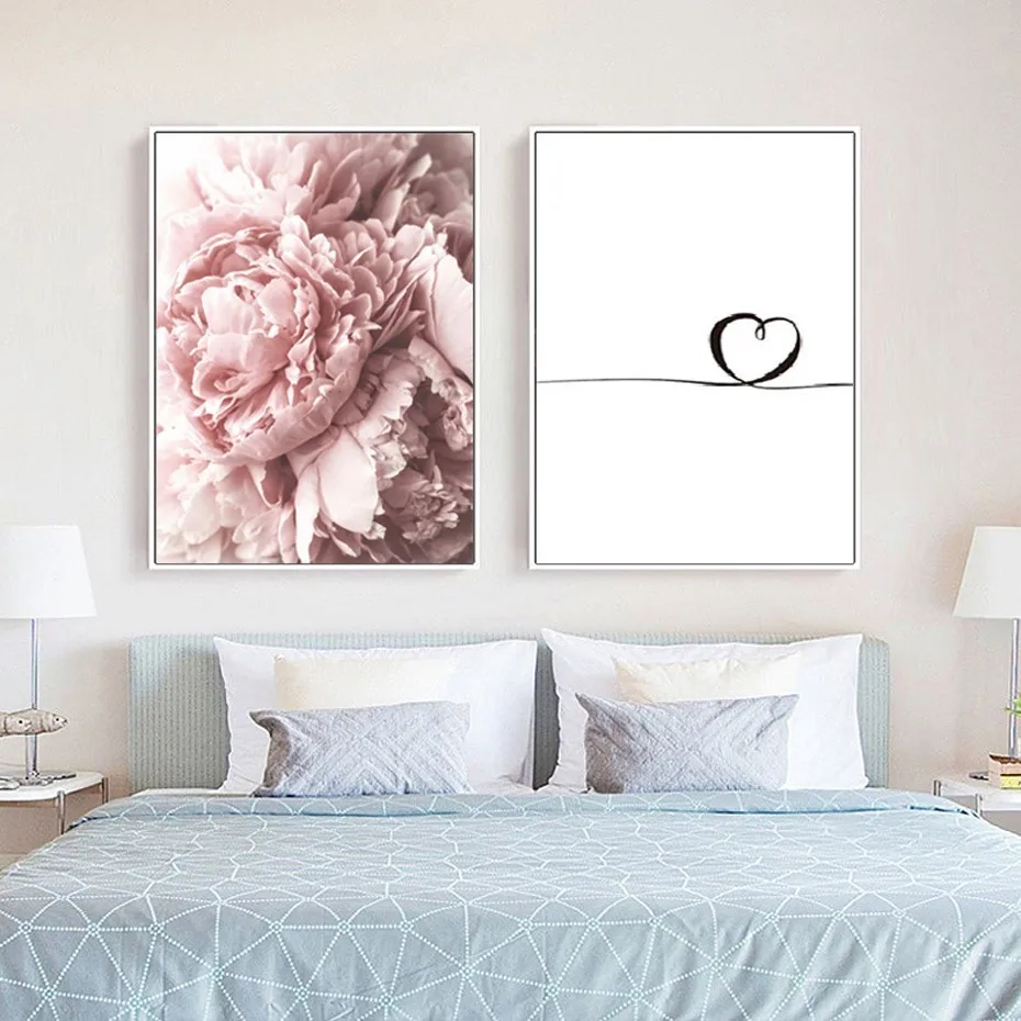 Современные розовый цветок пиона в минималистском стиле с надписью «Love» холст, рисунки, Постер печатает северные картины настенные картины для Спальня домашний декор