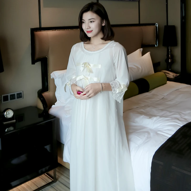 Autumn Summer White Silk Cotton 2- Pics Women's Long Nightgowns Elegant Sweet Princess Royal Loose Plus Size Sleepwear 5589