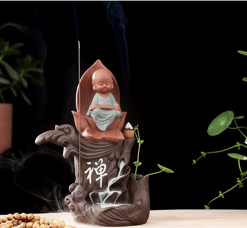 The Little Monk Censer Backflow Incense Burner Purple Sand Small Buddha Ceramic Waterfall Incense Stick Holder Simple Home Decor