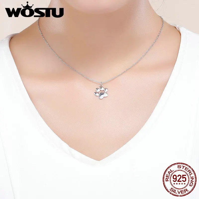 WOSTU высокое качество 925 пробы серебро милая собака следы соединительное звено Подвеска Ожерелье для женщин девушка прекрасный подарок ювелирных изделий CQN275