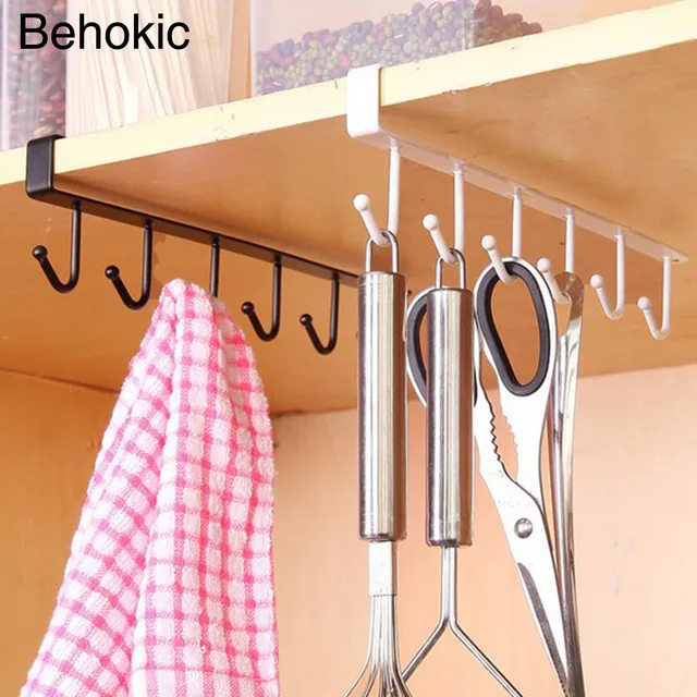 Special Offers NC 2PCS Kitchen Towels Cups 6 Hooks Racks Holders Behokic Organizers for Cupboard Bathroom Bedroom Cabinet Black White