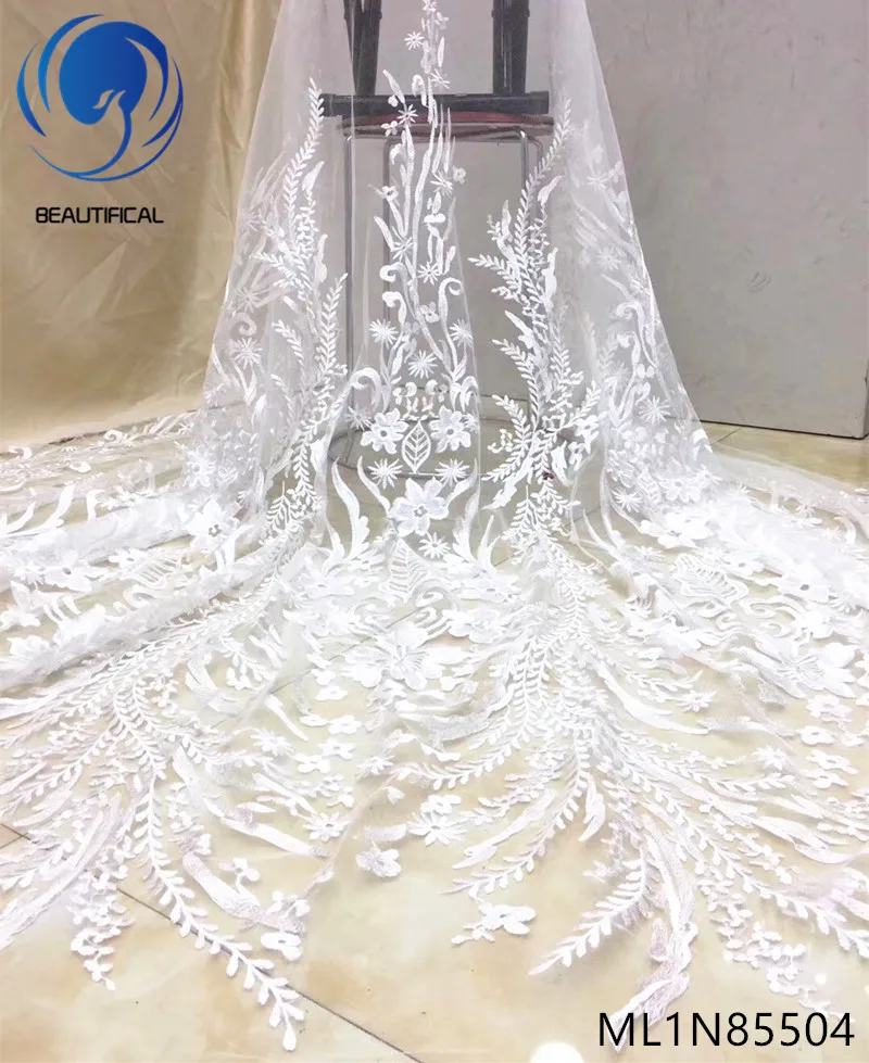 

Beautifical White bridal lace fabrics with beads Exquisite embroidery design nigerian lace sequins fabric for wedding ML1N855