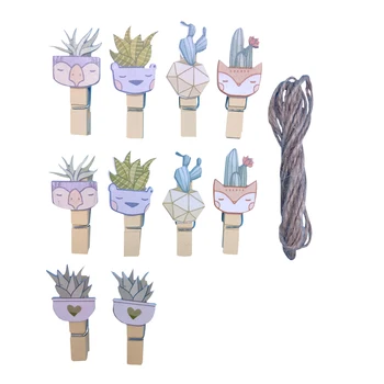 

10packs/lot Lovely Cactus Cartoon Smiling Wooden DIY Meaasge Clip Set Hemp Rope Special Gift DIY School Office Binding Supplies