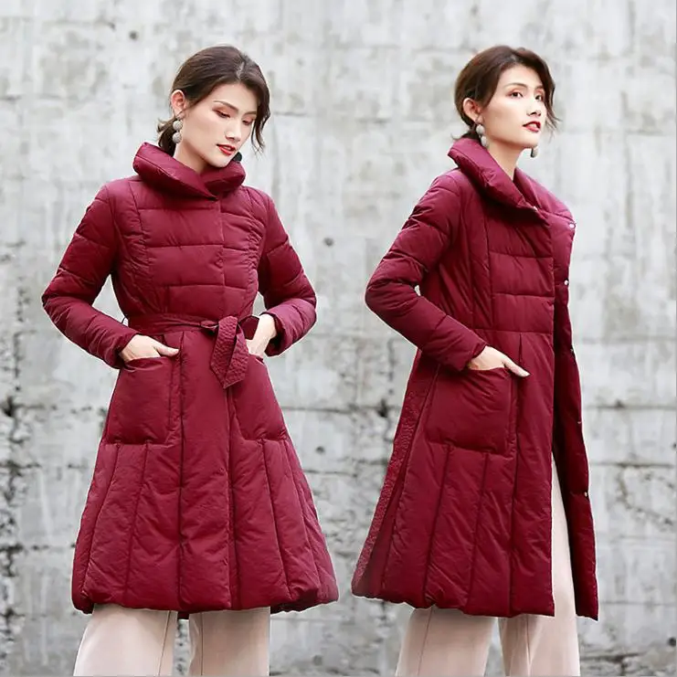 Модное осенне-зимнее пальто для женщин, верхняя одежда с большими карманами,, Длинная тонкая Толстая хлопковая трапециевидная Женская куртка, парка с поясом CM839 - Цвет: Wine red