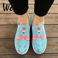 Вэнь дизайн пользовательского ручной росписью обувь Фламинго слипоны светло-голубой холст кроссовки для Для женщин Подарки для девочек на день рождения