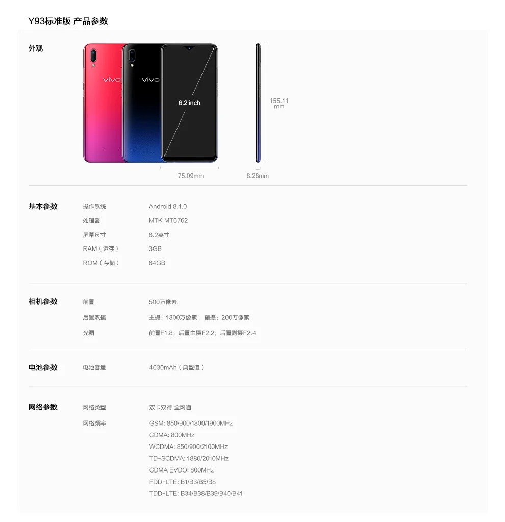 Vivo authorized Vivo Y93 мобильный телефон 4G LTE Android 8,1 SDM439 Восьмиядерный 6," Face Wake AI 3g/4G+ 64G 4030mAh Face Wake мобильный телефон