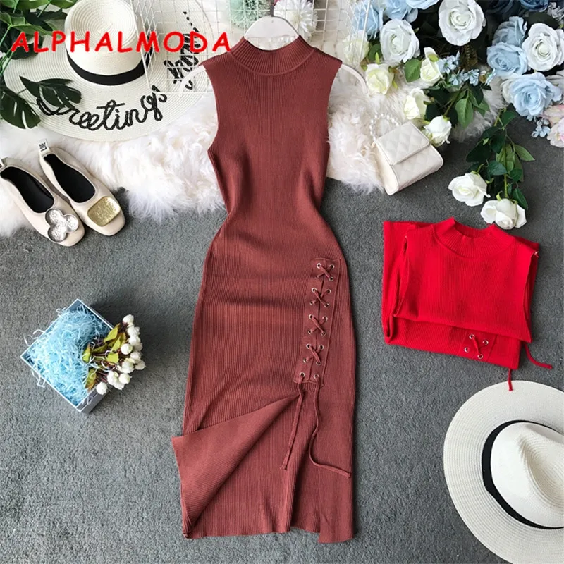 Женское трикотажное платье ALPHALMODA облегающее без рукавов на шнуровке Осеннее