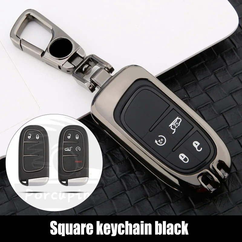 Оцинкованный сплав ключ чехол для Fiat для Jeep Cherokee Compass Патриот Dodge Journey Chrysler 300C брелок для ключей автомобиля - Название цвета: Square keychain blac