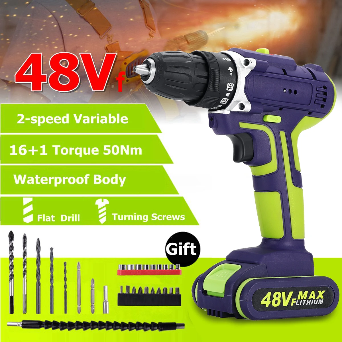 Professional 48Vf Cordless drill Daul Speed Adjustment LED lighting