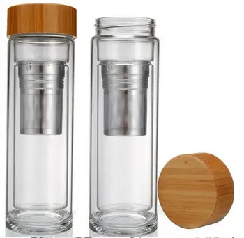 

25pcs/lot Free shipping Wholesale 400ml Bamboo lid Double Walled glass tea tumbler. Includes strainer and infuser basket