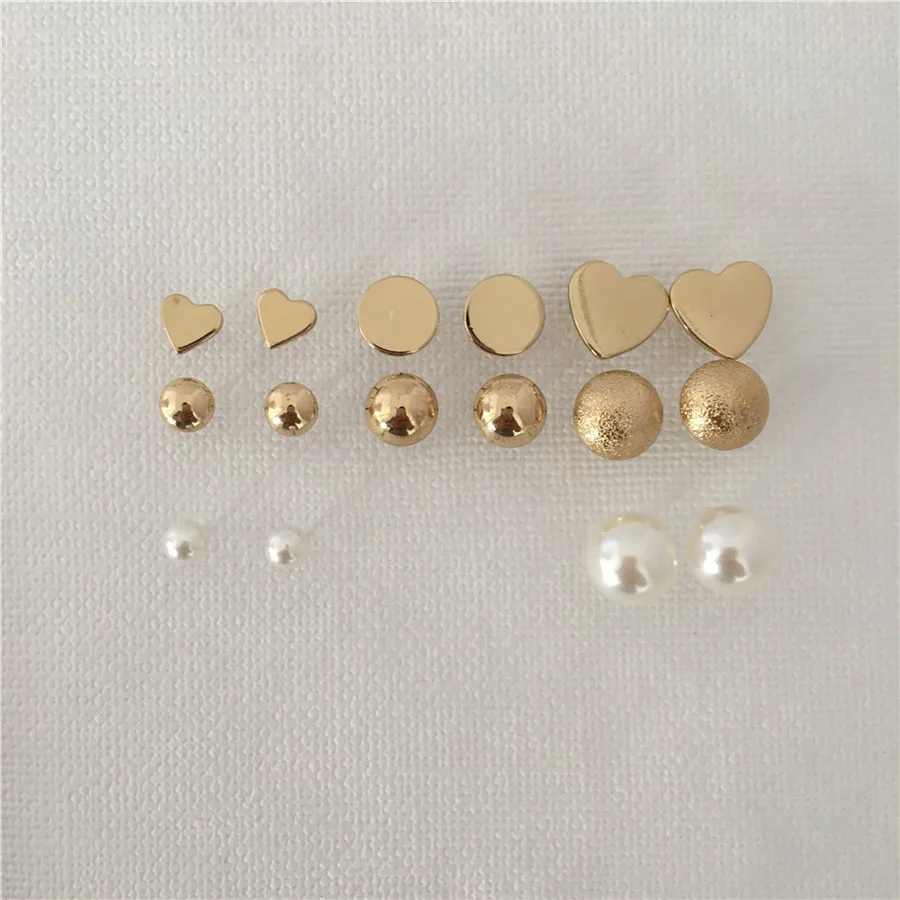 

FASHION JEWELRY GOLD COLOR PLATING HEART ROUND DISC PEARL HALF BALL STUD EARRINGS SET FOR WOMEN GIRL