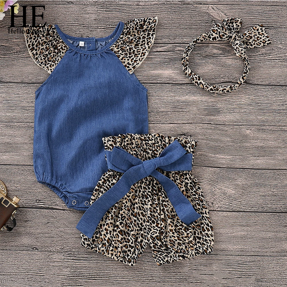 

HE Hello Enjoy Baby Girls Denim Jumpsuit Romper+Leopard Print Shorts+Headbands Outfits Newborn Girl Clothes 2019 Kids Hot Sale