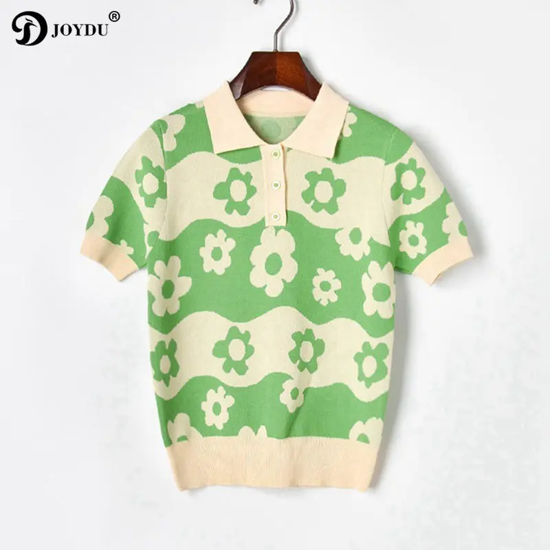 

JOYDU Brand Designer Summer Tops Women 2019 Jacquard Flower PL Turn-down Collar Wide Stripe Women's T-shirts Casual tshirt Tee