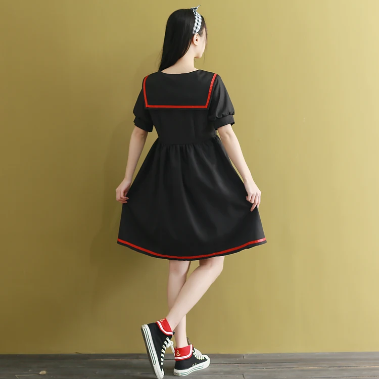 Япония Мори девушка Kawaii милое платье новые летние женские короткий рукав; моряк воротник хлопок платья черный, белый Vestidos