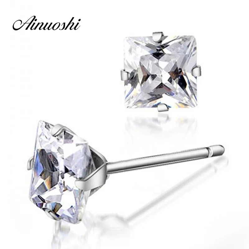 

AINUOSHI Trendy 100% 925 Real Sterling Silver Earring Four Claws Crystal Princess Cut Jewelry for Women Men Square Stud Earring