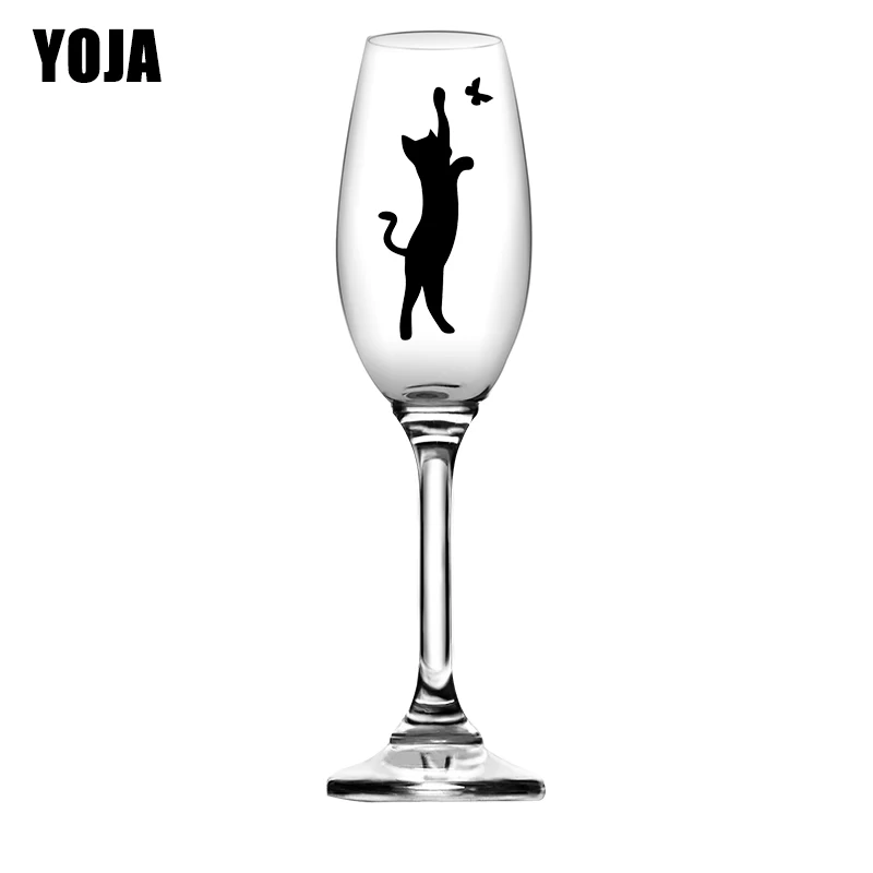

YOJA 3X7CM 6pcs Playing Cat Butterfly Wine Glass Sticker Funny Kids Bedroom Wall Decor Decal G1-0291
