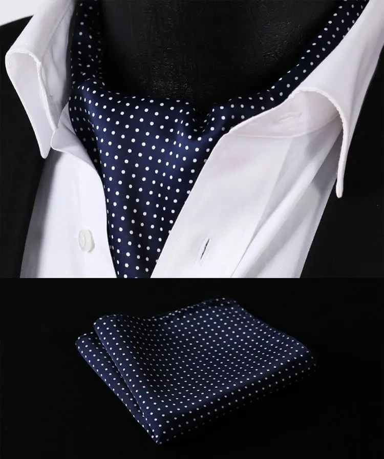 RD103B Blue White Polka Dot Silk Cravat Woven Ascot Tie Pocket Square Handkerchief Suit Set