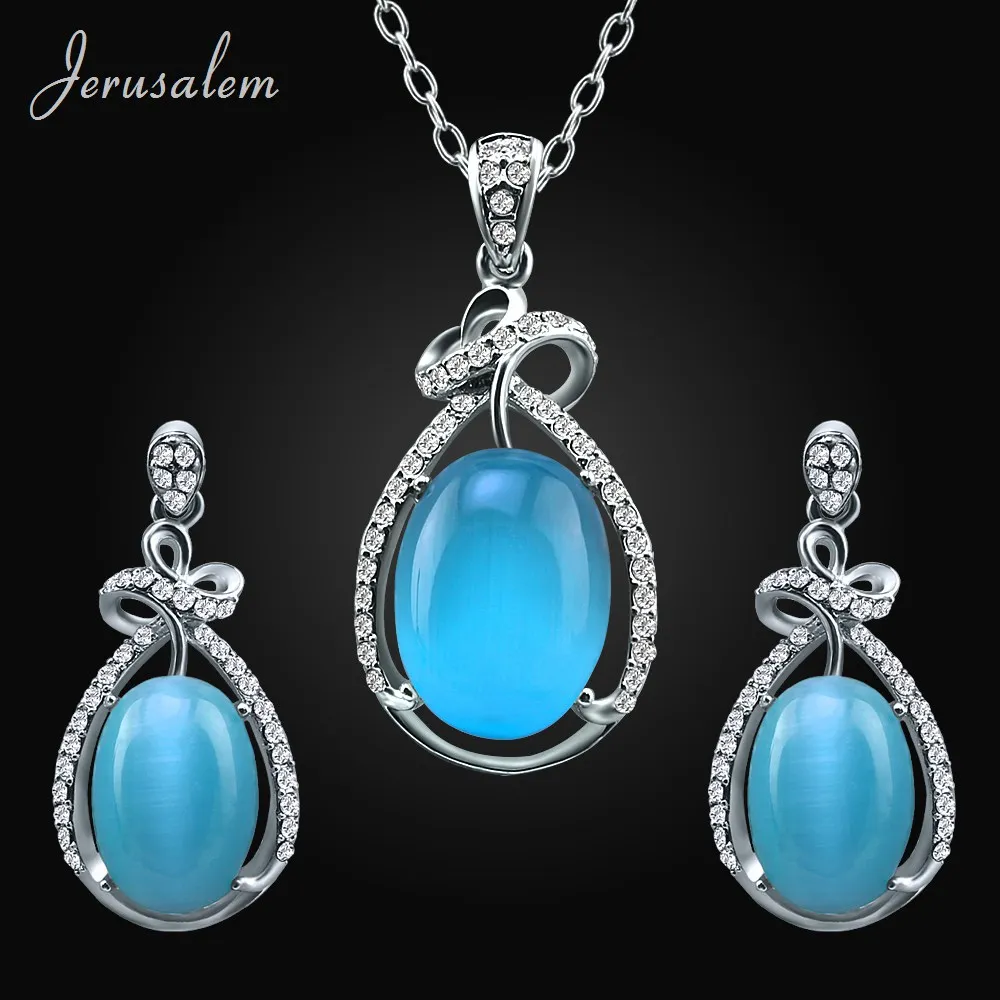 Fire Blue Opal Stone Jewelry Sets For Women Bridal Choker