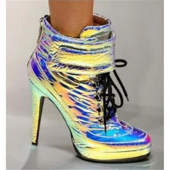 

New Runway Mirror Leather Ankle Boots Women Lace Up Platform Sneakers Gladiator Boots Party Dress High Heels Shoes Women 2019