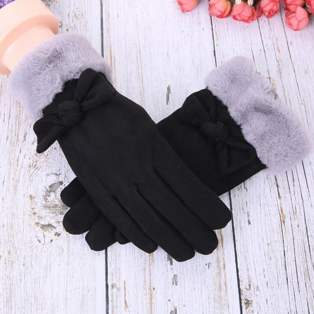 Толстые теплые зимние замшевые женские перчатки Модные уличные женские перчатки с сенсорным экраном плюс бархатные рукавицы Мультфильмы для женщин 18Nov - Цвет: Black