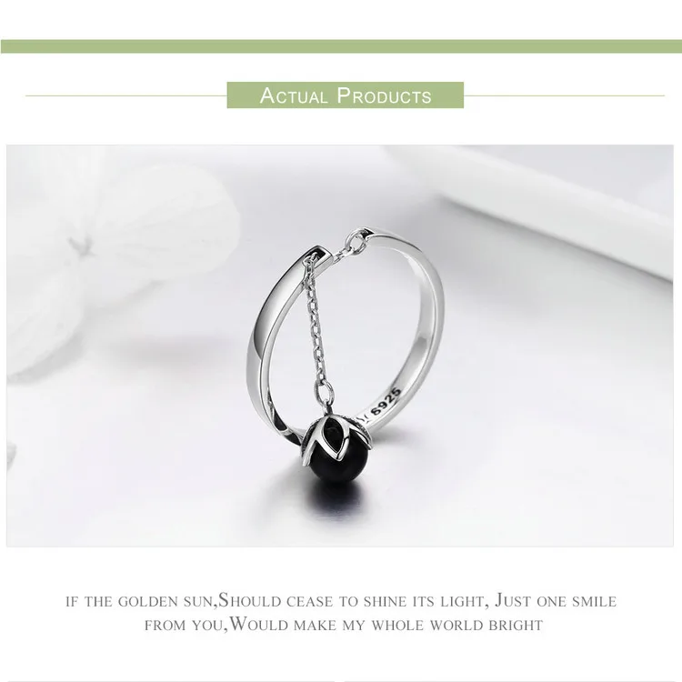Настоящее серебро 925 пробы, регулируемое кольцо на цепочке, черный жемчуг, Круглый перстень, Женские Ювелирные изделия из стерлингового серебра, свадебный подарок