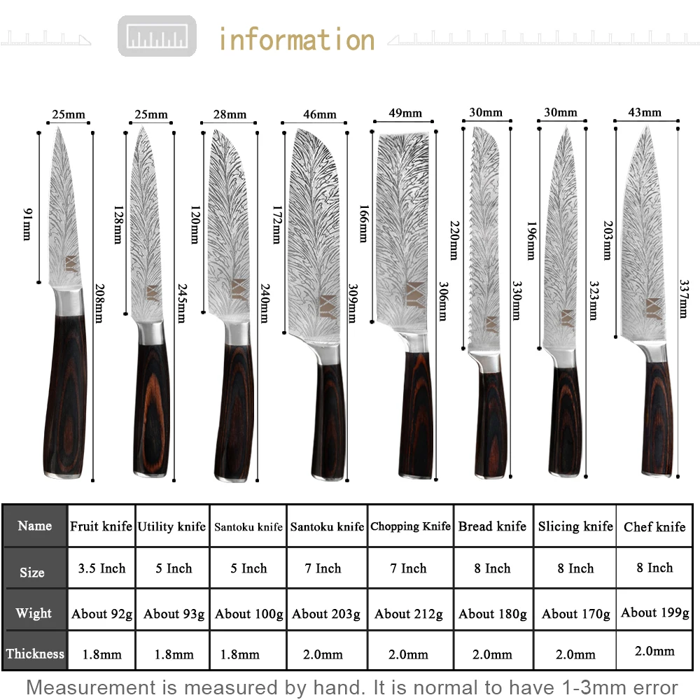 XYj 8 шт. набор инструментов для приготовления пищи из нержавеющей стали 7cr17 лезвие Дамасские вен цвет деревянной ручкой ножи кухонные аксессуары гаджеты для дома