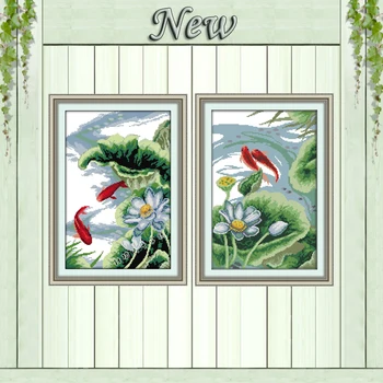 

White lotus and carps mascot painting counted print on canvas DMC 11CT 14CT Chinese Cross Stitch kits embroidery needlework Sets