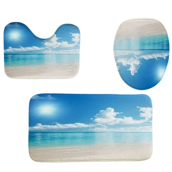

New 4Pcs Home Bathroom Decor Set Sea And Sky Pattern Toilet Seat Cover Bath Mat Set Waterproof Shower Curtain