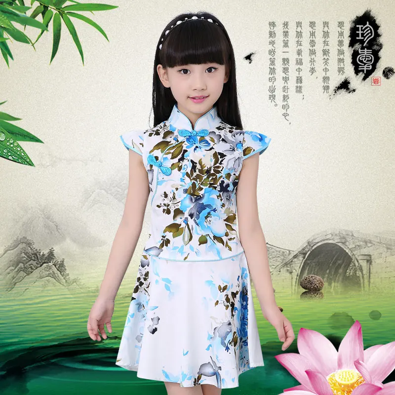 Платья для маленьких девочек; лето г.; Детские платья для девочек; китайское платье Чонсам с цветочным узором для девочек; детская традиционная китайская одежда